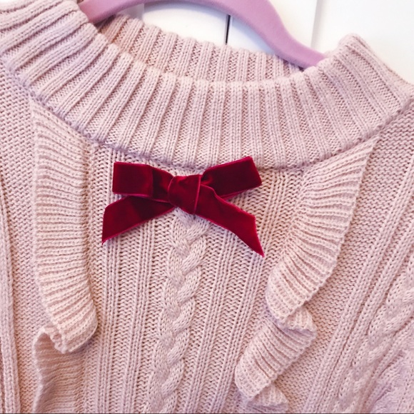 Winter Pink Knit Ruffle Sweater with Magenta Bow - Picture 6 of 8